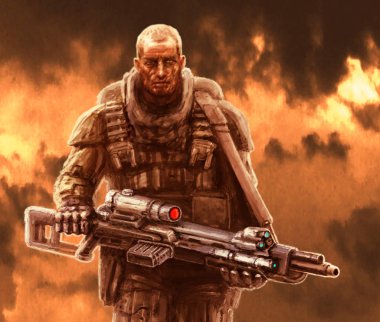 Soldier gelecek büyük keskin nişancı tüfeği ile. Yabancı gezegende savaş. Turuncu arka plan.