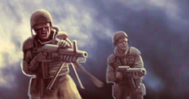 Alan askerler bir sis düşman saldırı. Yabancı gezegende savaş