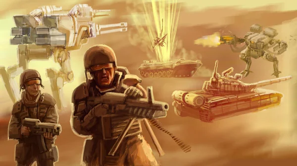 戦場で未来の歩兵 サイエンス フィクション文字兵士 オレンジ色の背景 — ストック写真