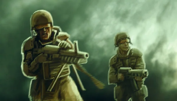 两个士兵的未来在烟雾的背景 绿色背景 — 图库照片