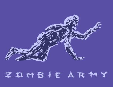 Siyah siluet bir zombi asker kask içinde dört ayak üzerinde sürüngenler olduğunu. Vektör çizim.