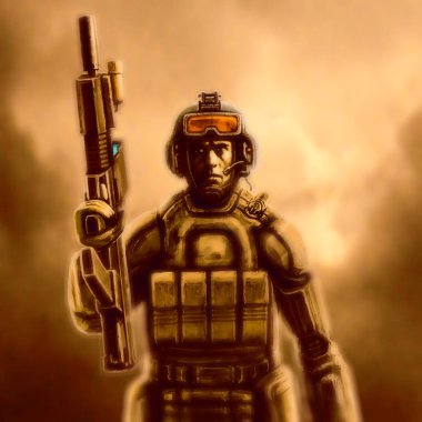 Boşluk deniz bir tüfekle takım elbiseli. Bilim kurgu karakter. Turuncu arka plan.