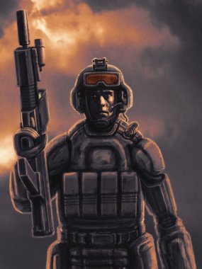 Ağır tüfekli alanı piyade. Bilim kurgu karakter asker.