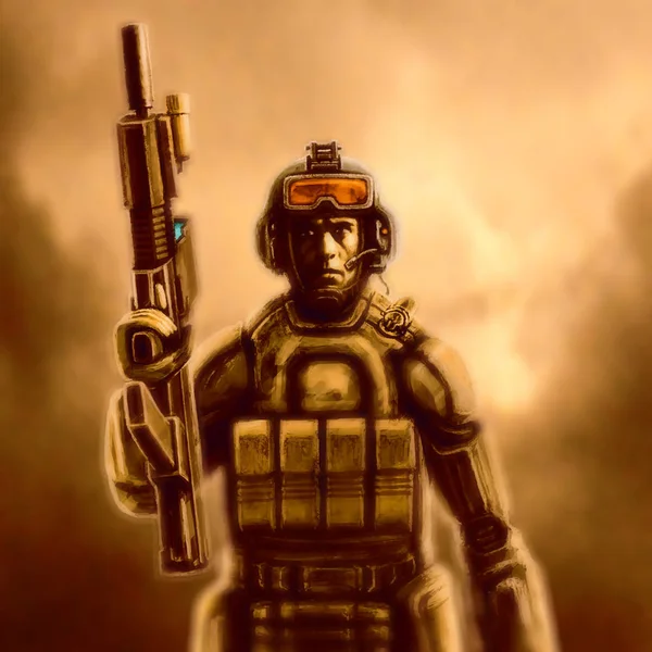 Boşluk deniz bir tüfekle takım elbiseli. Bilim kurgu karakter. Turuncu arka plan.