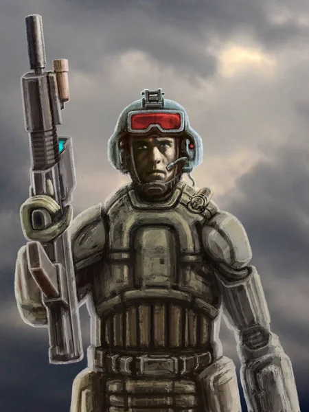 Soldier of the future with a rifle against a stormy sky. Science fiction genre.