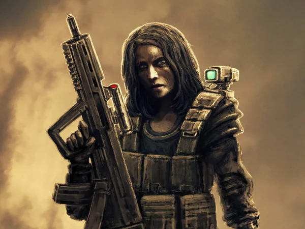 Woman Soldier Assault Rifle Painted Illustration Fiction Genre Female Heroic — Stock Photo, Image