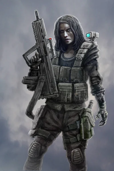 Girl Warrior Assault Rifle Drawing Illustration Sci Genre — Stock Photo, Image