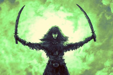 Savaşçı kız iki yükseltilmiş kılıç ile. Fantezi illüstrasyon. FreeHand dijital çizim.