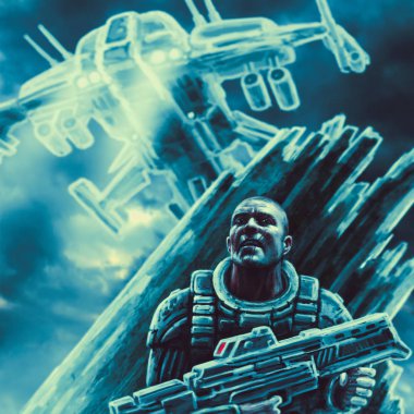 alan asker düşman gemisi gizler. mavi arka plan.