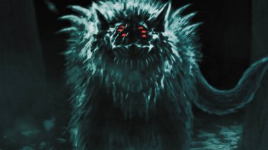 Uzaylı kurt karanlık ormandan ortaya çıkar ve ağzını açıyor. Korku türünde çizimi.