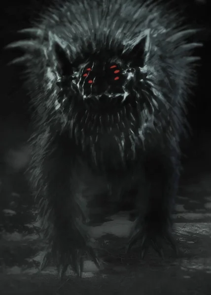 Чужой Волк Выходит Тёмного Леса Открывает Рот Иллюстрация Жанре Ужасов — стоковое фото