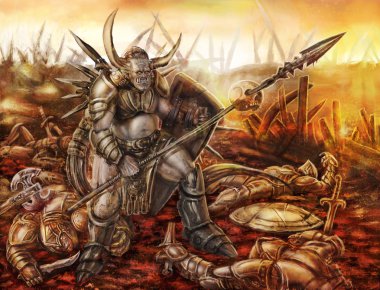 Korkunç bir ork mızrak ile savaş alanında duruyor. Tür fantezi.