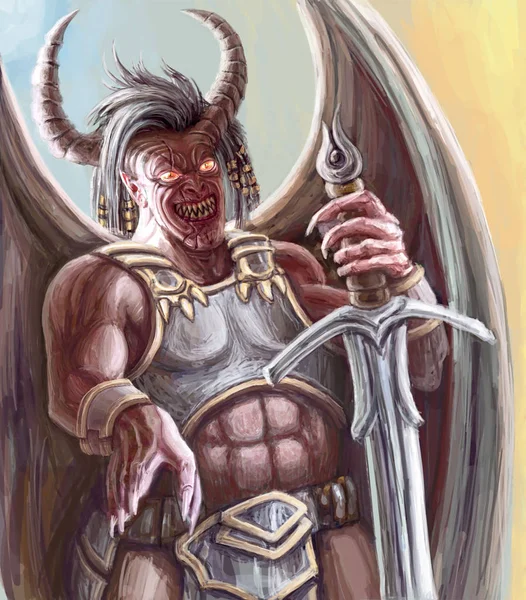 Gehoornde Demon Knight Staat Met Grote Zwaard Genre Van Fantasie — Stockfoto