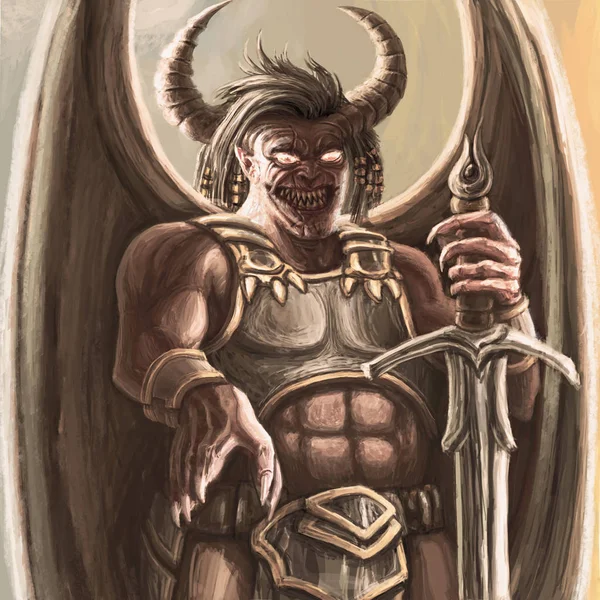 Szörnyű Szárnyas Ördög Páncél Nagy Karddal Színes Kép Fantasy Műfaj — Stock Fotó