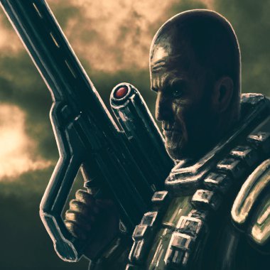 Uzay piyade ağır tüfekle yürür. Bilim kurgu karakter asker.