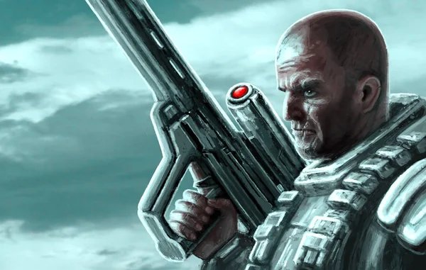 Uzay Polisi yabancı gezegenin mücadele. mavi arka plan.