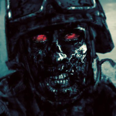 Kask içinde kötü zombi asker. Korkunç korku karakter yüz 3d çizim