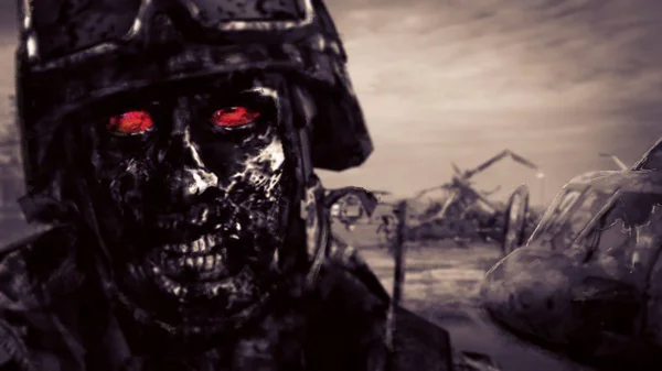 Kask içinde kötü zombi asker. Korkunç korku karakter yüz 3d çizim