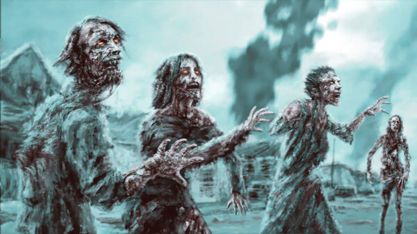 Crowd walking zombies against backdrop of burning city. Illustration in genre of horror.