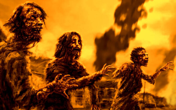 Crowd walking zombies against background of burning city. Illustration in genre of horror.
