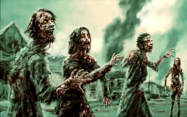 Crowd Walking Zombies Backdrop Burning City Illustration Genre Horror — Stock Photo, Image