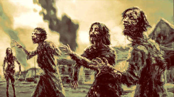 Menigte Zombies Tegen Achtergrond Van Het Branden Van Stad Wandelen — Stockfoto