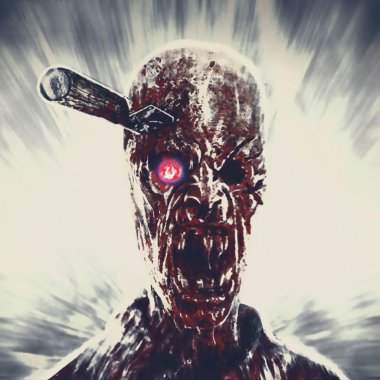 Zombi katip kafasındaki bıçakla. Korkunç karakter çizimi.