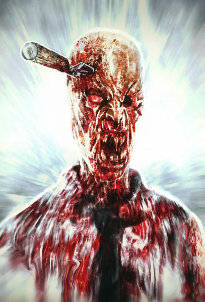 僵尸办事员在他的头刀 吓人的人物插图 恐怖流派 — 图库照片