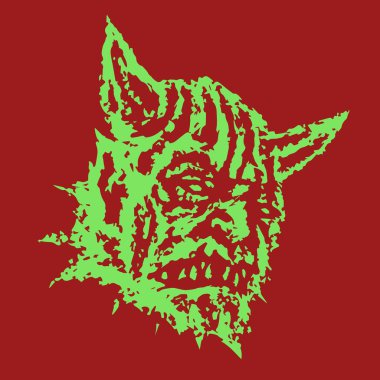 Sivri çıkıntılı boynuzlu Şeytan korkutucu Başkanı. Vektör çizim. Tür korku.