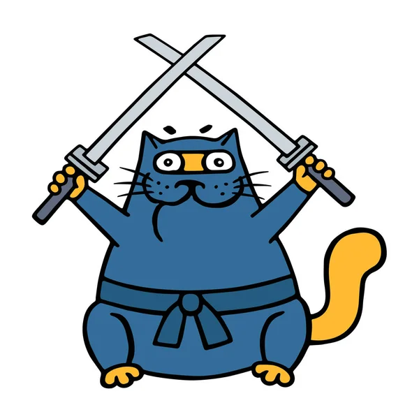 Gato Ninja Gordo Com Duas Espadas Cruzadas Ilustração Vetorial Personagem — Vetor de Stock