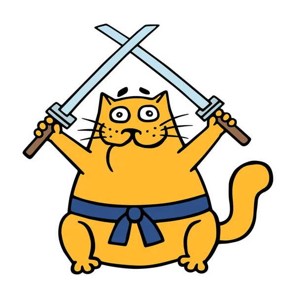 Fat Ninja Orange Cat Two Crossed Swords Vector Illustration Funny — Stock Vector