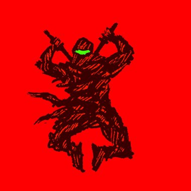 Ninja Kılıç saldırısı ile. Vektör çizim. Kırmızı arka plan rengi.