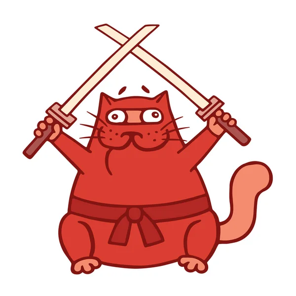 Λίπος ninja κόκκινο γάτα με δύο σταυρωτά ξίφη. — Φωτογραφία Αρχείου