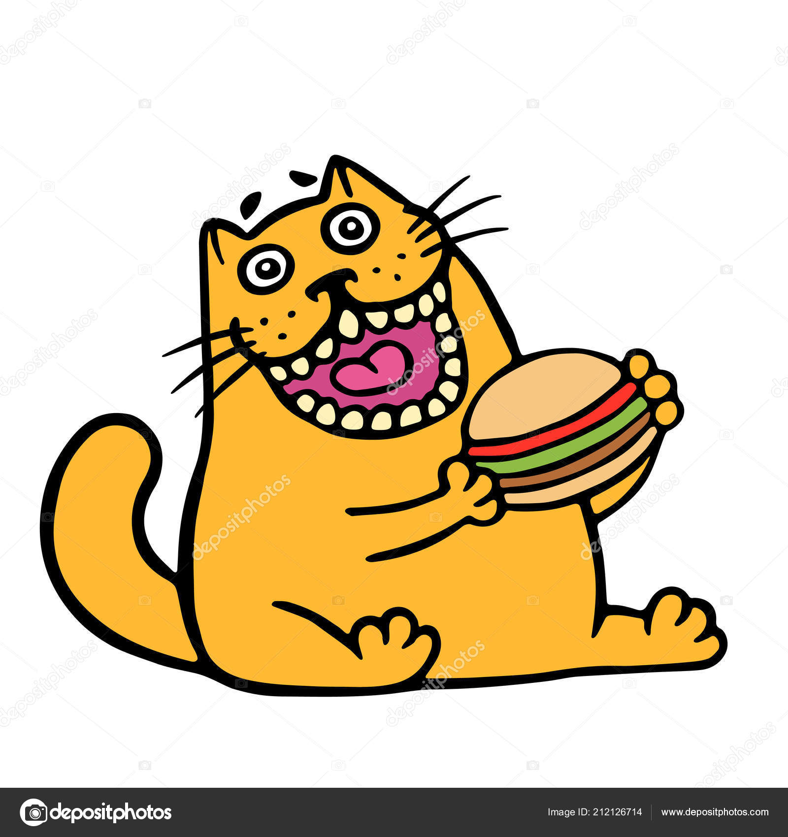 Cartoon Orange Cat Eating Hamburger Funny Cool Character Stock Photo by  ©likozor 212126714