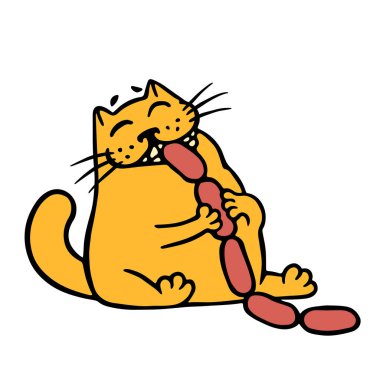 Turuncu kedi sosis yiyor. Komik karikatür serin karakter. 