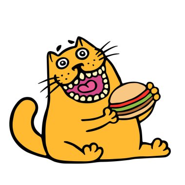 Karikatür turuncu kedi bir hamburger yiyor. Komik serin karakter. 