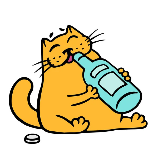 Happy Cat Drinks Bottle Wine Food Drink — Stock Photo, Image