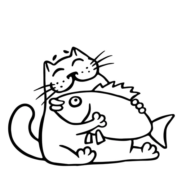 Kat knuffelen grote vissen. — Stockfoto