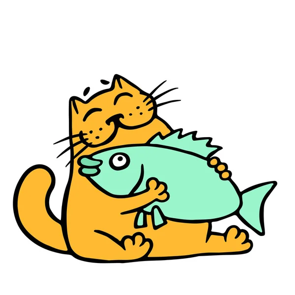 Schattige oranje kat knuffelen van grote vissen. — Stockfoto