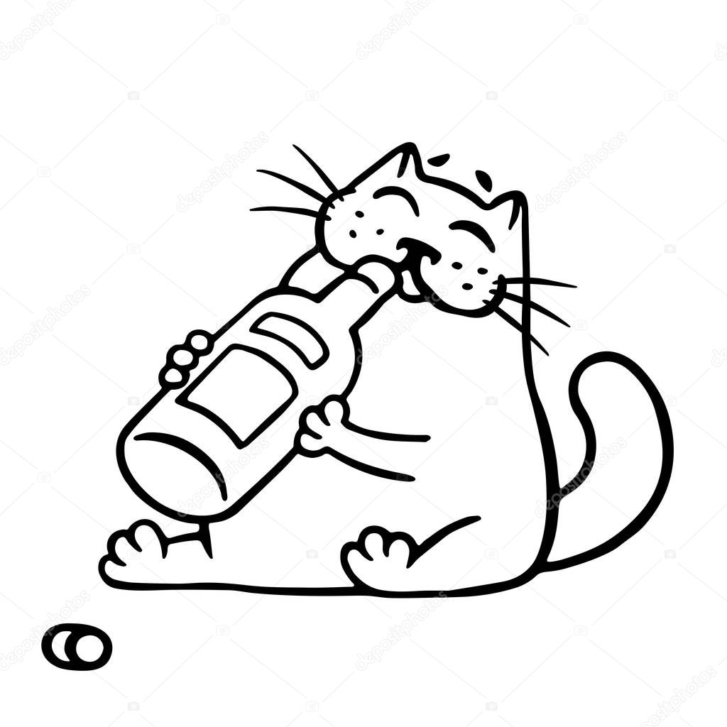 Merry cat drinks wine. Holidays and parties. Funny cartoon cool character. White color background. 