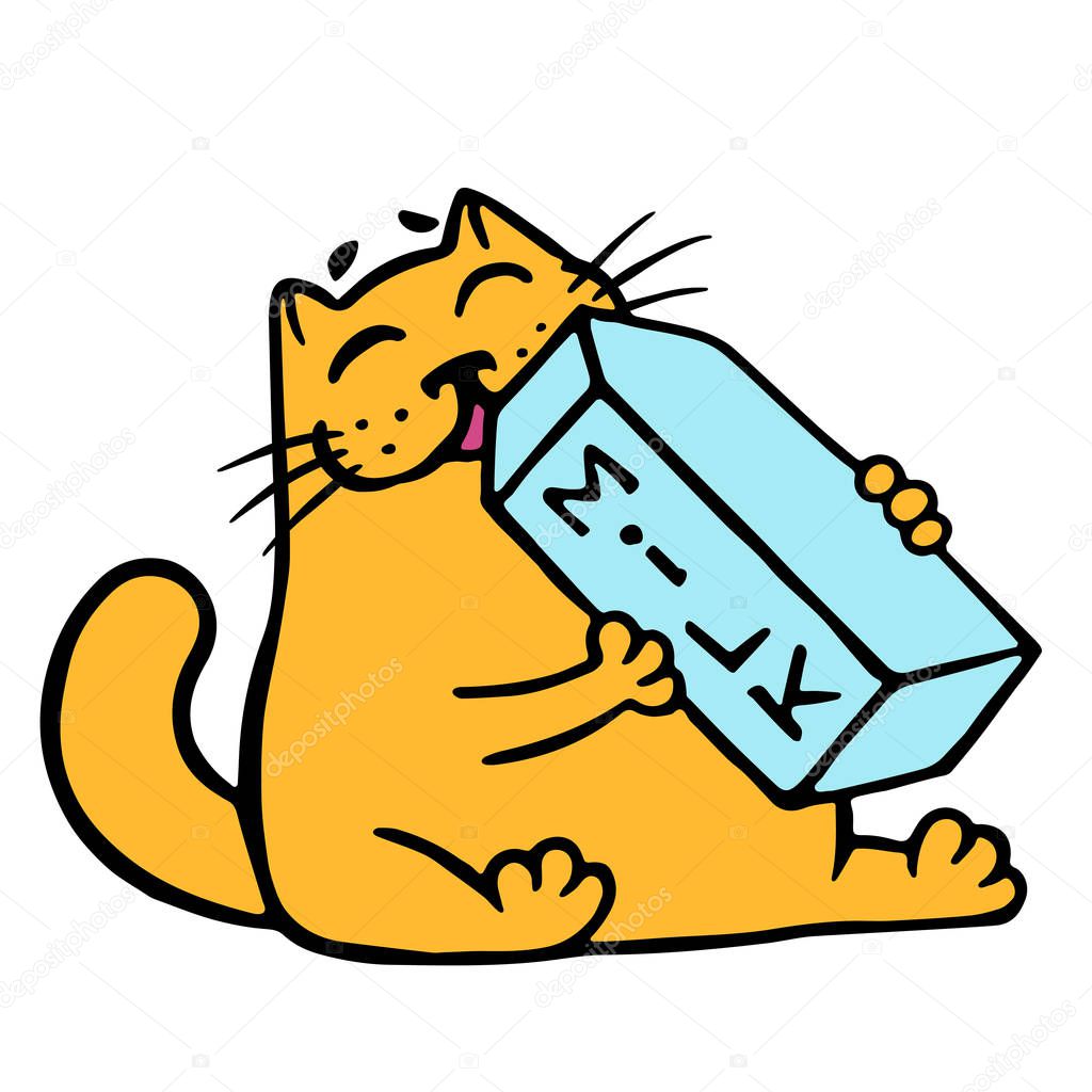 Cartoon orange cat is drinking milk. 