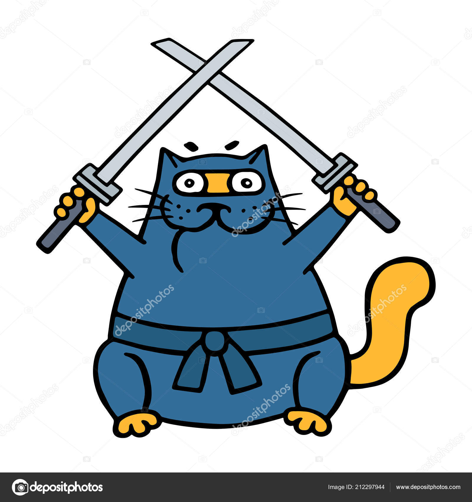 Gato Ninja Gordo Com Duas Espadas Cruzadas Personagem Engraçado