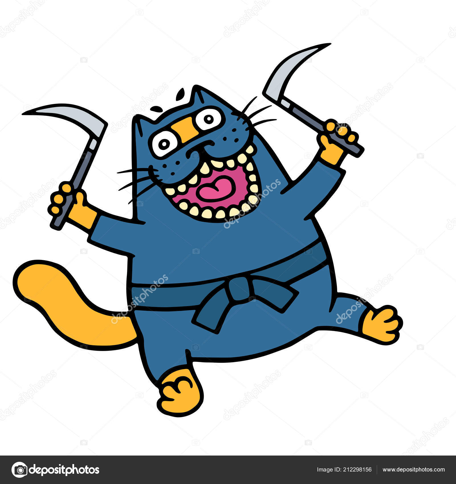 Gato Ninja Gordo Com Duas Espadas Cruzadas Personagem Engraçado