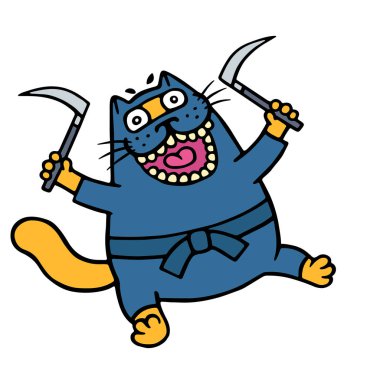 Komik turuncu kedi iki orak ile silahlı bir ninja olduğunu. Komik karikatür hayvan karakter.
