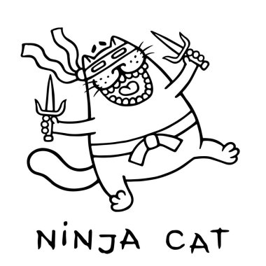 İki sais ile şişman ninja kedi. Komik karikatür serin karakter.