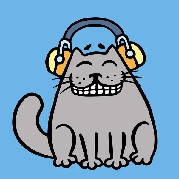 Şirin Gri Kedi Müzik Kulaklık Mavi Renk Arka Plan — Stok fotoğraf