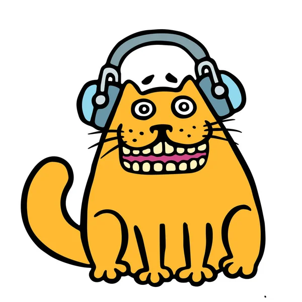 Cheerful Orange Cat Headphones Listening Music Cartoon Character — Stock Photo, Image