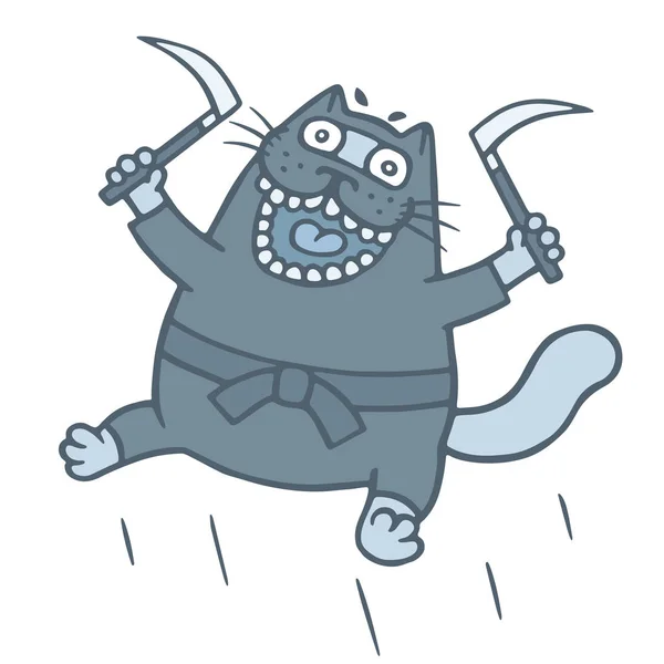 Kot Kreskówka Grube Ninja Uzbrojonych Sierpy Wojownik Zabawny Znak — Zdjęcie stockowe