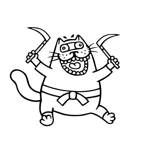 かわいい忍者猫 つの鎌で武装しています ペットの面白い漫画のキャラクター — ストック写真