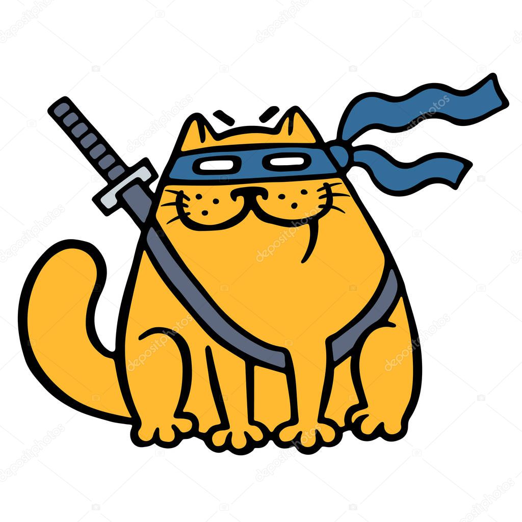 Cute fat ninja cat in a mask and a sword. Funny cartoon cool character. 